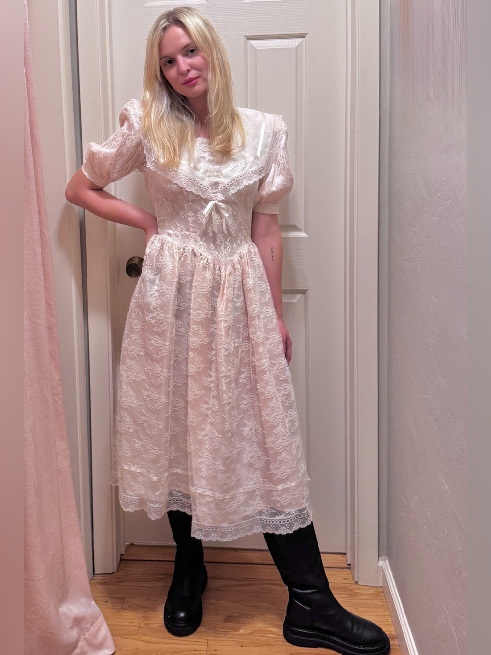 Vintage 80s Gunne Sax Pink Sailor Collar Lace Midi Dress Size 5/6